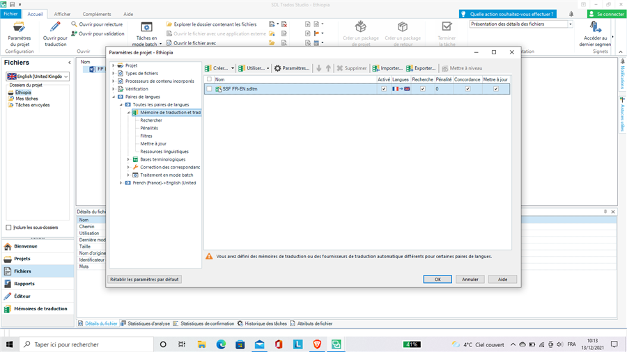 Trados Studio project settings with 'French (France) to English (United Kingdom)' selected, showing machine translation options in grey, indicating they are not active for this language pair.
