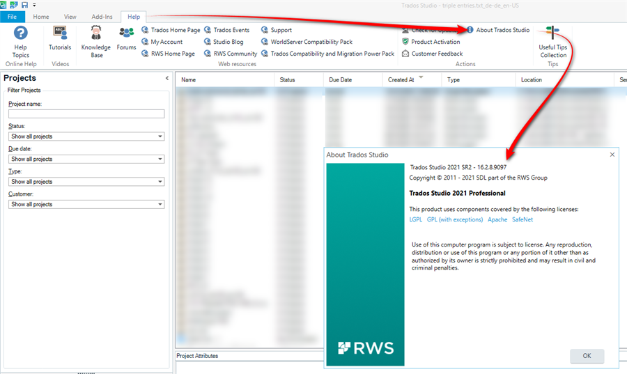Screenshot of Trados Studio interface showing the 'About Trados Studio' dialog box with version details: Trados Studio 2021 SR1 - 16.2.8.9097.
