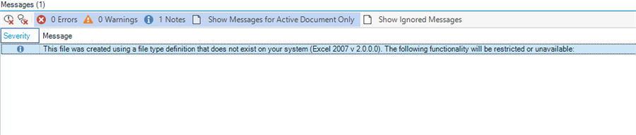 Trados Studio message window showing 1 note with a warning icon indicating 'This file was created using a file type definition that does not exist on your system (Excel 2007 v 2.0.0.0). The following functionality will be restricted or unavailable.'