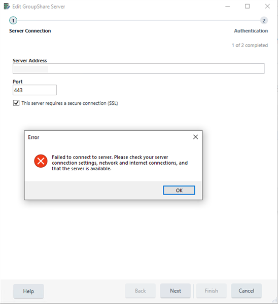 Trados Studio error message popup saying 'Failed to connect to server. Please check your server connection settings, network and internet connections, and that the server is available.' with an OK button.
