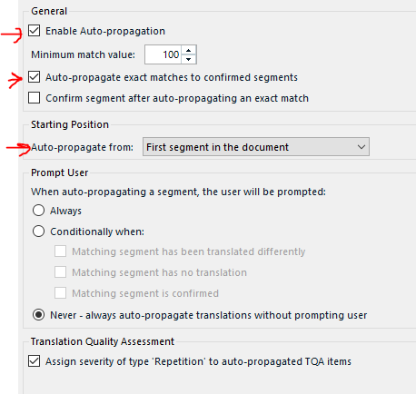 Trados Studio settings window showing General options with red arrows pointing to 'Enable Auto-propagation' checkbox, 'Minimum match value' input set to 100%, and 'Auto-propagate exact matches to confirmed segments' checkbox.