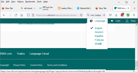 Trados Studio webpage with Language Cloud option selected, showing language options dropdown with English, Deutsch, Espanol, Francais, and Chinese.
