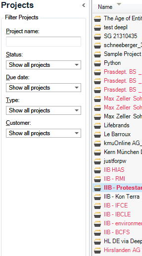Screenshot of Trados Studio's project list with filter options for project name, status, due date, type, and customer. Projects are listed by name, including 'The Age of Entitlement', 'test deepl', 'SG 21310435'.