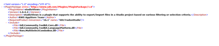 XML code snippet for Trados Studio plugin with version 1.0.4.2, including plugin name, author, and required product version 16.1.