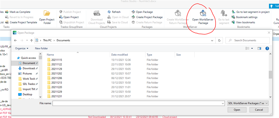 Trados Studio interface showing the 'Open Package' dialog with a highlighted 'Open WorldServer Package' option and a file explorer window displaying various folders and files.