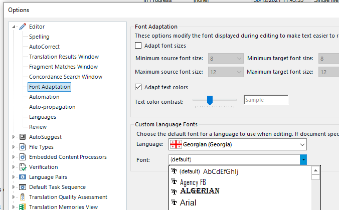 Trados Studio Options menu with Font Adaptation settings displayed. Minimum and maximum source and target font sizes set to 8 and 12 respectively. Adapt text colors checked. Text color contrast slider shown. Custom Language Fonts section with Language set to Georgian (Georgia) and Font list including (default), Agency FB, Algerian, Arial.