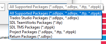 Dropdown menu in Trados Studio showing file types for All Supported Packages, Trados Studio Packages, SDL TeamWorks Packages, SDL TMS Packages, Project Packages, and Return Packages.