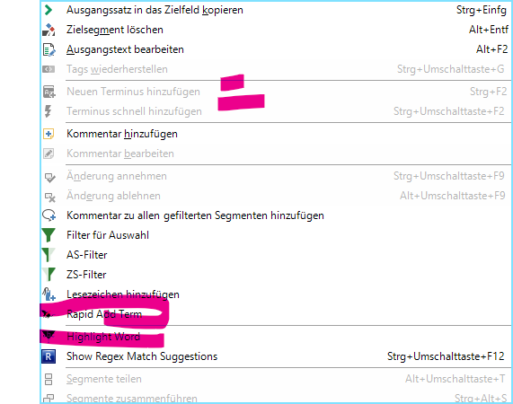 Trados Studio menu with 'Rapid Add Term' option greyed out and not clickable, indicating it is disabled.