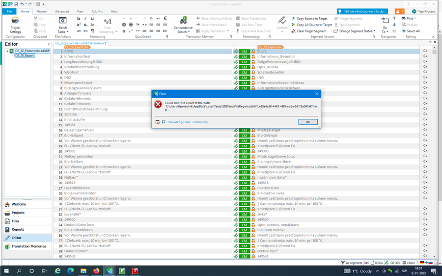 Trados Studio screenshot showing an error message 'Could not find a part of the path' with a file path mentioned, indicating a missing or incorrect file location.
