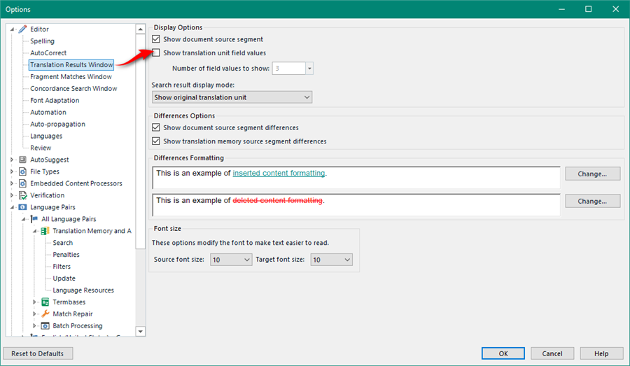 Trados Studio Options menu with Editor settings open, showing Translation Results Window options. Display Options and Differences Options are highlighted with checkboxes for various settings. Examples of inserted and deleted content formatting are shown.