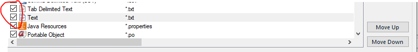 Trados Studio File Types options showing a list with 'Tab Delimited Text', 'Text', 'Java Resources', and 'Portable Object' file types.