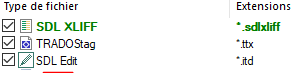 Screenshot showing file type options in Trados Studio with checkboxes, including SDL XLIFF with extension .sdlxliff, TRADOStag with extension .ttx, and SDL Edit with extension .itd.