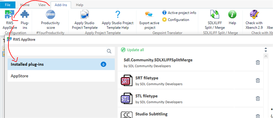 Trados Studio screenshot showing the Add-Ins tab with RWS AppStore selected. The Installed plug-ins section lists AppStore with a red arrow pointing to it. No visible errors or warnings.