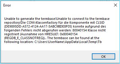 Error message in Trados Studio stating 'Unable to generate the termbase! Unable to connect to the termbase repository' followed by a CLSID and HRESULT error code. It suggests the termbase can be found in a specific user's AppData local temp directory.