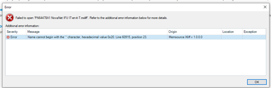 Error message in Trados Studio stating 'Failed to open file' with details about the error location and type, originating from Memsource Xliff v 1.0.0.