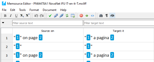 Memsource Editor interface displaying the successfully opened mxliff file with source and target text translations for English to Italian.