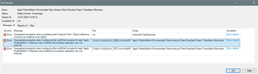 Screenshot of Trados Studio Task Results showing 3 errors. First error: 'Unexpected exception when completing task Analyze Files: Object reference not set to an instance of an object.' Second and third errors: 'Unexpected exception when configuring file multiFileConverter for task Apply PerfectMatch: Collection was modified; enumeration operation may not execute.'