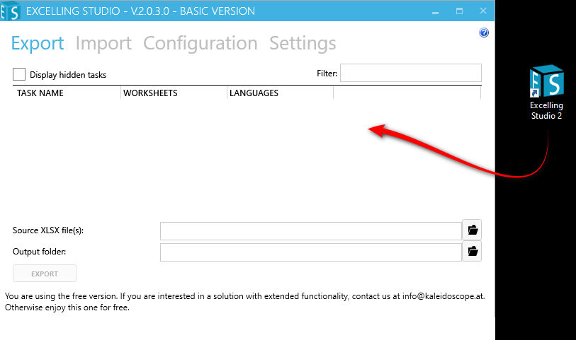 Screenshot of Excelling Studio V2.0.3.0 Basic Version with an arrow pointing to the 'Settings' tab indicating it is a separate application from Trados Studio.