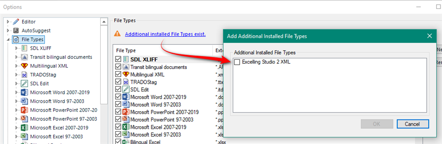 Screenshot of Trados Studio's 'Options' menu under 'File Types' with a notification 'Additional installed File Types exist' and 'Excelling Studio 2 XML' highlighted in the list.