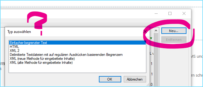 Trados Studio dialog box with a list of file type options such as 'Einfacher begrenzter Text', 'HTML', 'XML 2'. A 'Neu...' button is highlighted indicating a prompt to create a new file type.
