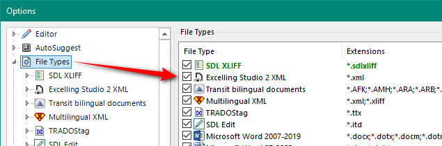Screenshot of Trados Studio Options menu highlighting File Types section with a red arrow pointing to Excelling Studio 2 XML file type.