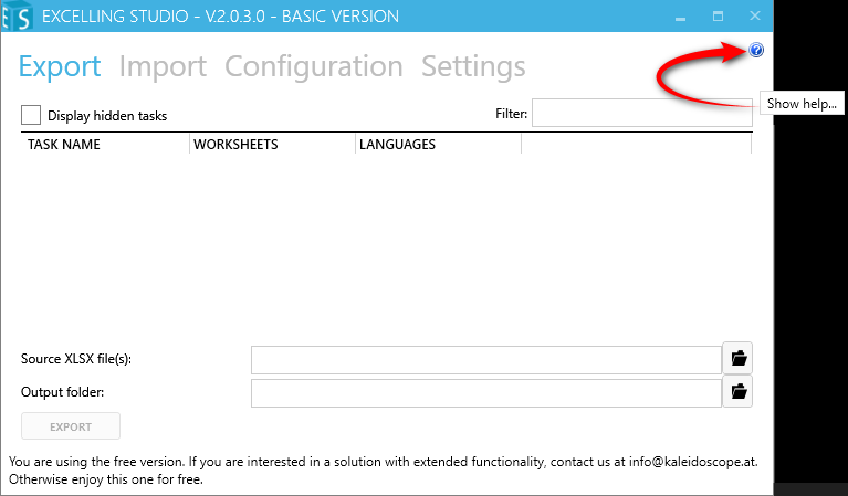 Screenshot of Trados Studio's Excelling Studio plugin interface, version 2.0.3.0, showing Export tab with options for source XLSX files and output folder. A 'Show help' button is highlighted with a red arrow.
