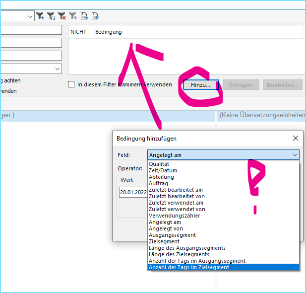 Trados Studio screenshot showing a filter creation window with an 'Add condition' button highlighted and an error message stating 'No translation units'.