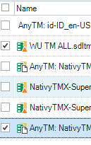 Screenshot showing Trados Studio project settings with Translation Memory (TM) list. Some TMs are unchecked, indicating they are not activated.