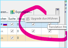 Screenshot of Trados Studio showing an 'Upgrade durchf hren' button highlighted with a pink arrow, indicating a prompt to perform an upgrade after SR2 update.