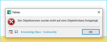 Error message in Trados Studio stating 'The object reference was not set to an object instance' with an OK button and links to Knowledge Base and Community.