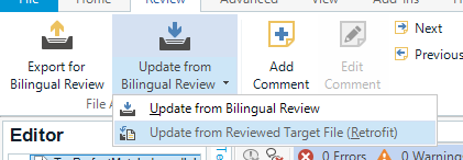 Trados Studio screenshot showing the Review tab with options for 'Export for Bilingual Review', 'Update from Bilingual Review', and 'Update from Reviewed Target File (Retrofit)'. Editor section below with '0 Errors' and '0 Warnings' displayed.