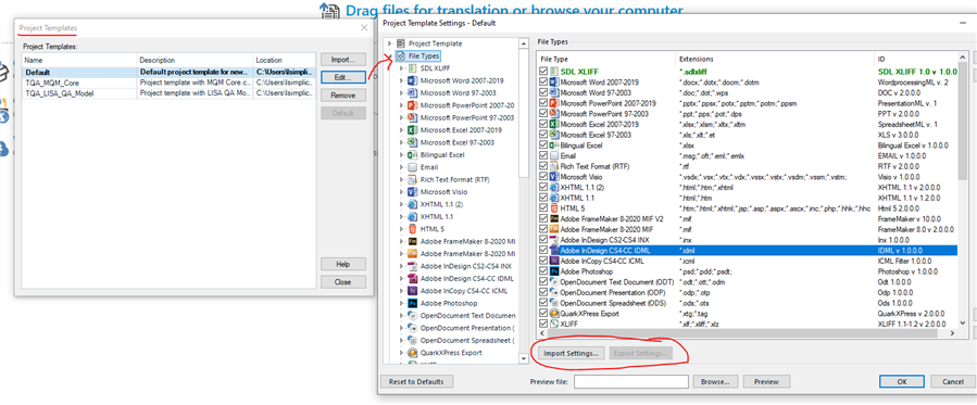 Project Templates window in Trados Studio with a list of templates and an Edit button, and File Types tab with Import Settings and Export Settings options highlighted.