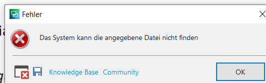 Error dialog box in Trados Studio with a red cross icon, stating 'Das System kann die angegebene Datei nicht finden' which translates to 'The system cannot find the specified file'. Buttons for Knowledge Base and Community are visible, along with an OK button.