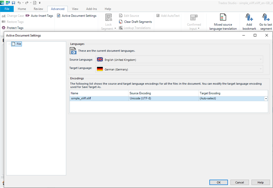 Trados Studio screenshot showing Active Document Settings with Source Language set to English (United Kingdom) and Target Language set to German (Germany). Encoding section shows source encoding as Unicode (UTF-8) and target encoding as (Auto-select).