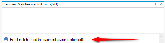 Trados Studio screenshot showing a warning message 'Exact match found (no fragment search performed)' with a red arrow pointing at it.