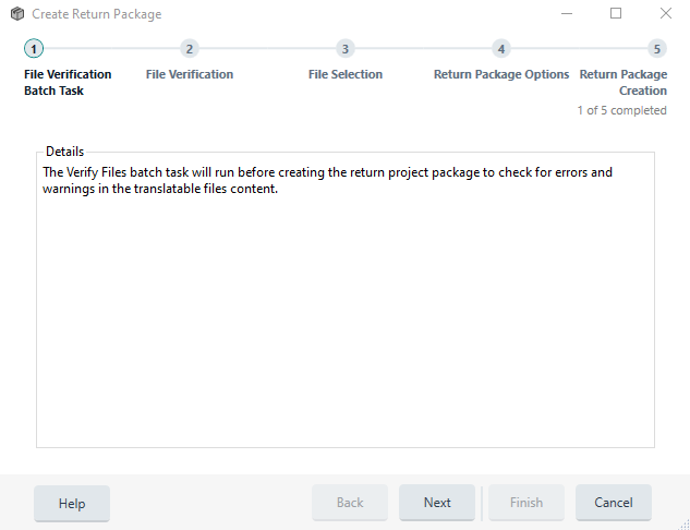 Screenshot of Trados Studio's 'Create Return Package' window showing step 1 of 5, 'File Verification Batch Task', with a description that it will run before creating the return project package.