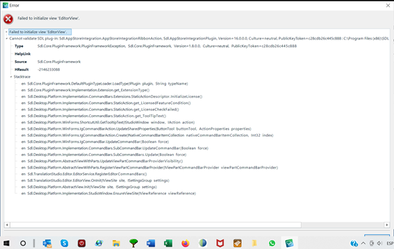 Error message window showing 'Failed to initialize view 'EditorView'. Details include multiple file paths and error codes related to Trados Studio plugins and framework.