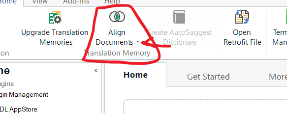 Screenshot of Trados Studio with the 'Align Documents' option highlighted under the 'Translation Memory' dropdown menu.