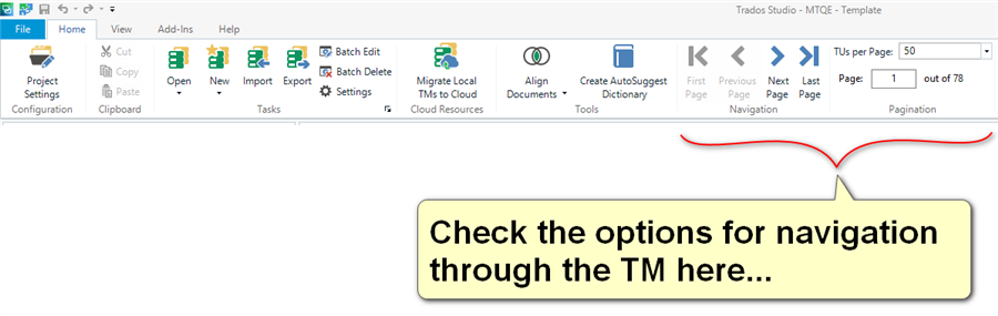 Trados Studio screenshot showing TM Maintenance Editor with navigation options highlighted, including TUs per Page set to 50 and page navigation controls.