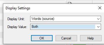 Display Settings window in Trados Studio with 'Display Unit' set to 'Words (source)' and 'Display Value' set to 'Both'.