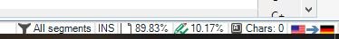 Trados Studio editor status bar showing translation progress with 89.83% completed and 10.17% remaining.