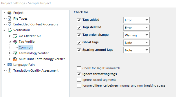 Trados Studio Verification settings for Tag Verifier showing options for tags added, deleted, order change, and ghost tags.