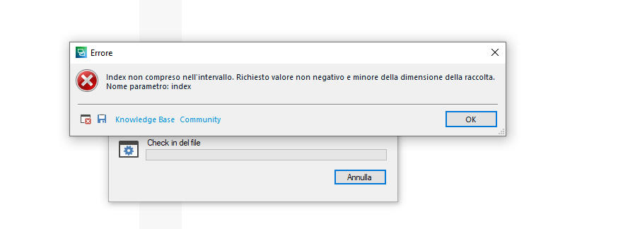 Error message in Trados Studio stating 'Index not included in the interval. The requested value is not negative and is smaller than the collection size. Parameter name: index.' with an OK button.
