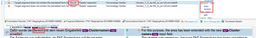 Screenshot of Trados Studio showing a terminology verification error. The term 'Bereit' is used instead of 'Bereich', resulting in a false positive.