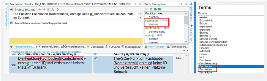 Screenshot of Trados Studio 2019 showing term matching failure. The term 'Fachboden' is highlighted in the source text, but the term recognition pane only displays 'Fachb den' from the termbase.