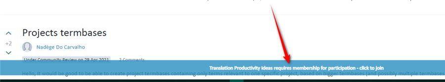 Screenshot of Trados Studio's Projects term bases page with a red arrow pointing to a message stating 'Translation Productivity Ideas requires membership for participation - click to join.'