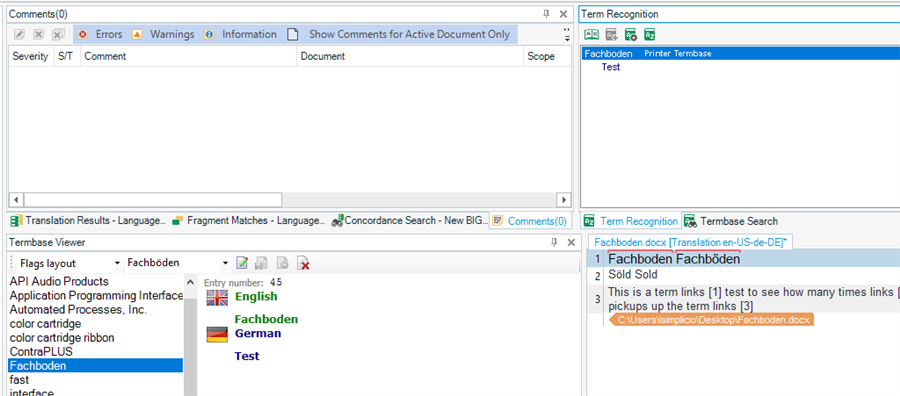 Screenshot of Trados Studio showing Term Recognition and Termbase Viewer panels with the term 'Fachboden' highlighted, indicating an issue with term differentiation.