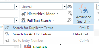 Trados Studio screenshot showing the Search group in the Home ribbon with an option to 'Search for Duplicate Terms' highlighted.