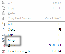 Screenshot of a right-click context menu in Trados Studio with the 'Merge' option highlighted.