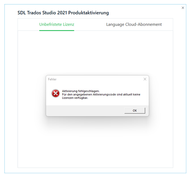 SDL Trados Studio 2021 product activation window with an error message stating 'Activation failed. No licenses available for the entered activation code.'